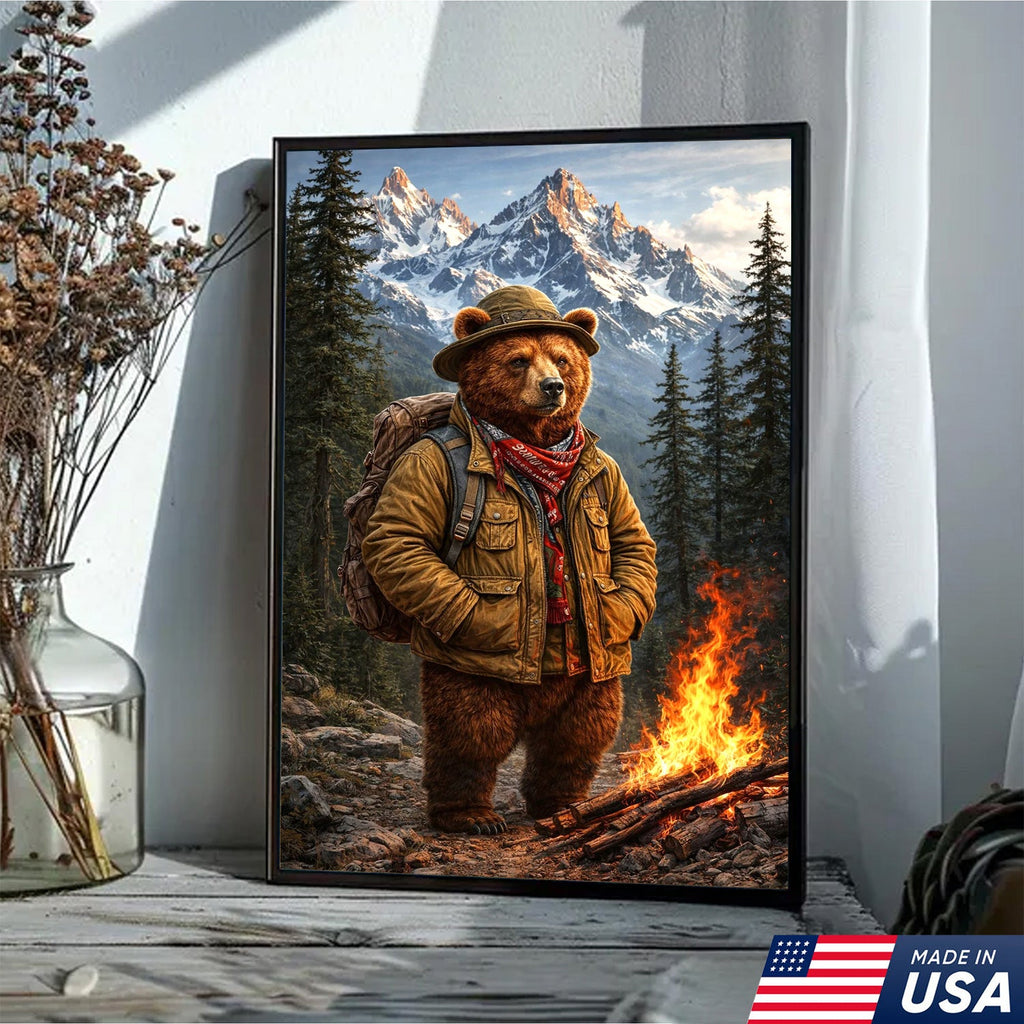 Mountain Explorer Bear Canvas Wall Art – Realistic Wildlife Hiking Print
