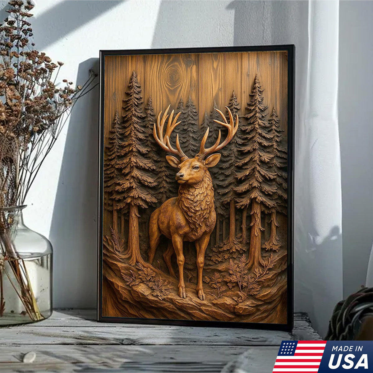 Deer in Pine Forest Canvas Wall Art, Rustic Wood Carved Look Buck Artwork