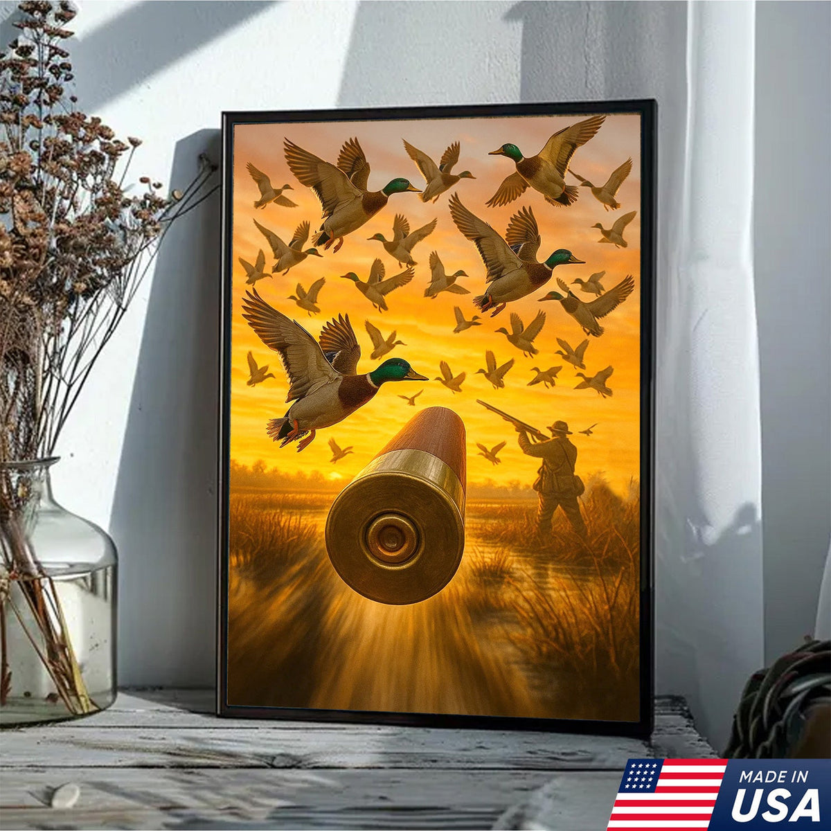 Duck Hunting Canvas Wall Art, Shotgun Shell and Flying Mallards Artwork, Rustic Cabin Decor for Hunters