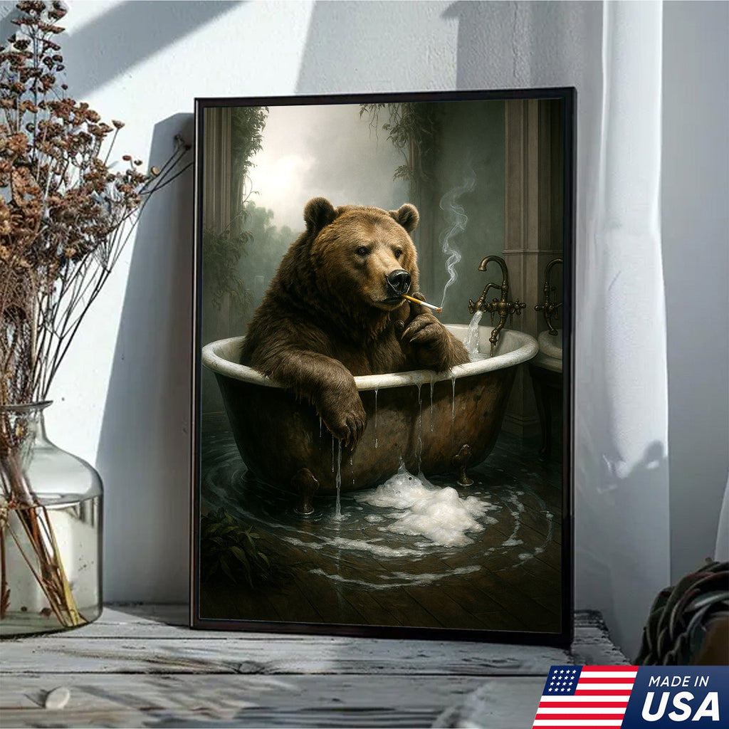 Smoking Bear in Bathtub Canvas – Surreal Rustic Wall Art for Man Cave & Lodge Decor
