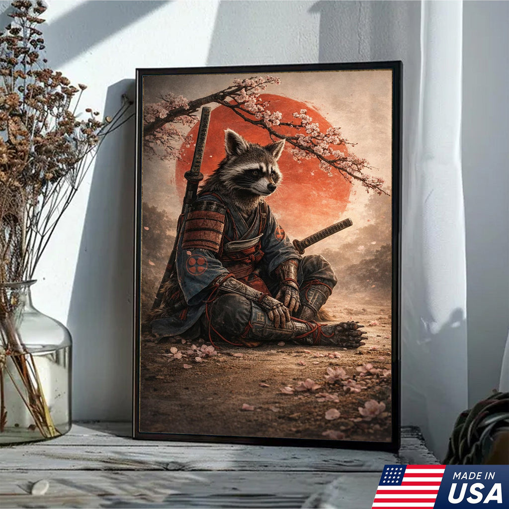 Samurai Raccoon Wall Art Canvas Print, Japanese Warrior Animal Illustration