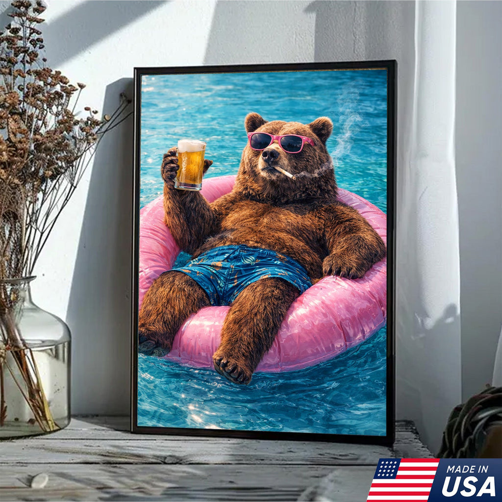 Funny Bear Pool Canvas Wall Art – Cool Bear Drinking Beer Funny Animal Decor
