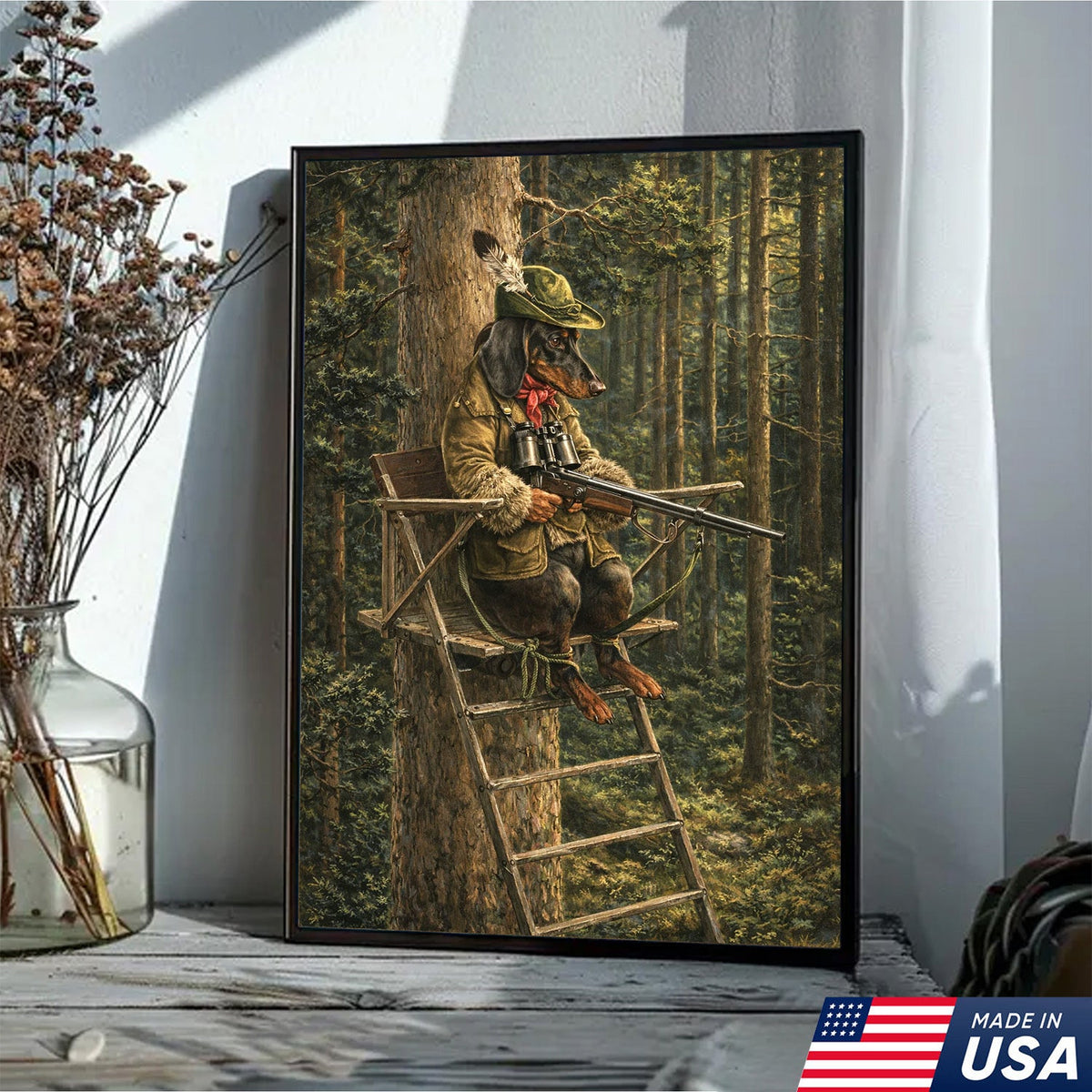 Funny Hunting Dog Wall Art, Dachshund Hunter Tree Stand Canvas
