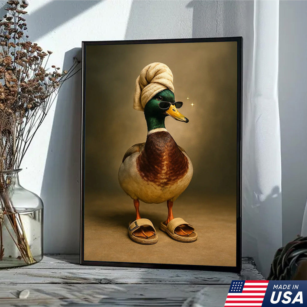 Spa Day Duck Canvas Wall Art, Funny Mallard in Towel and Sandals Bathroom Decor