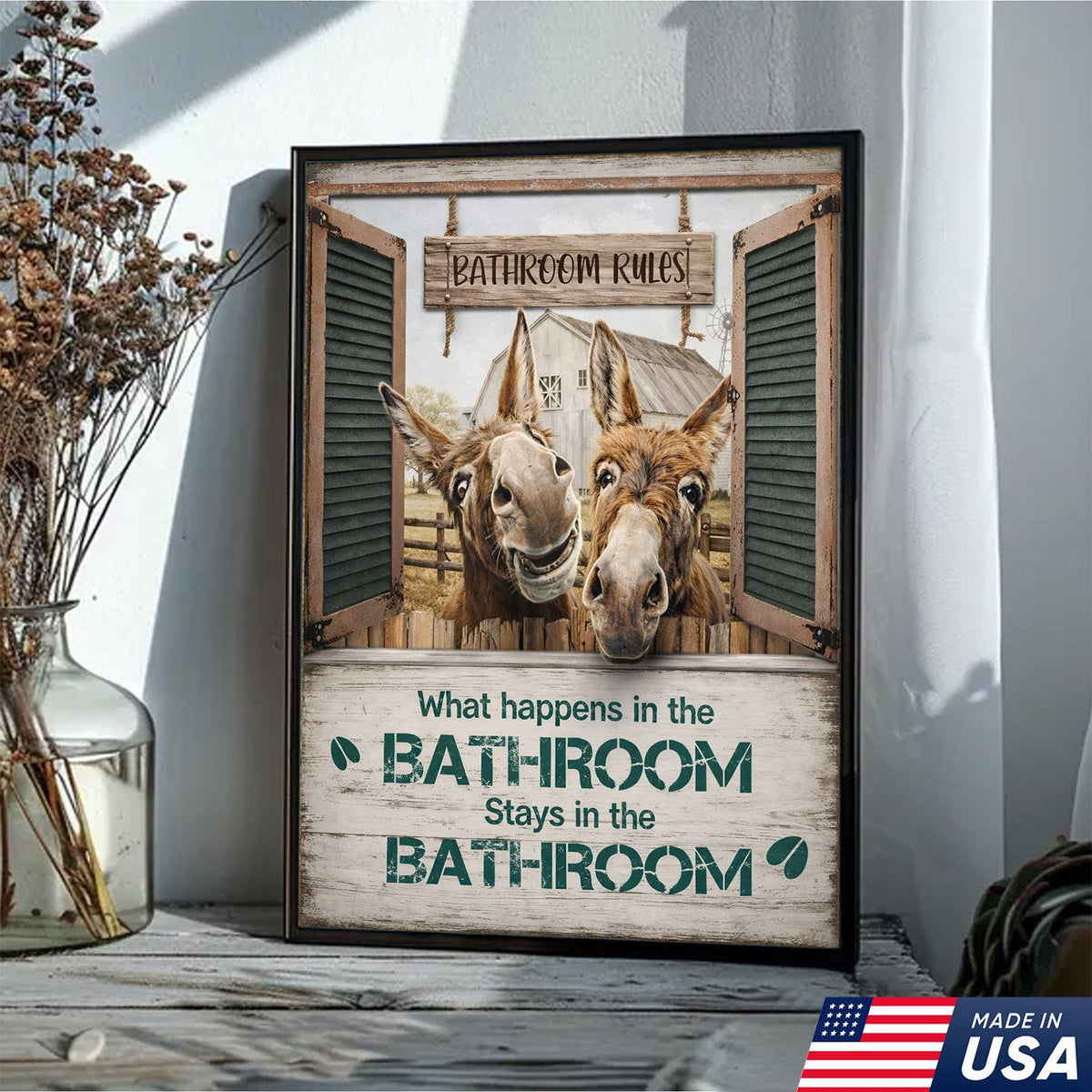 Funny Donkey Bathroom Sign, Rustic Farmhouse Bathroom Wall Decor