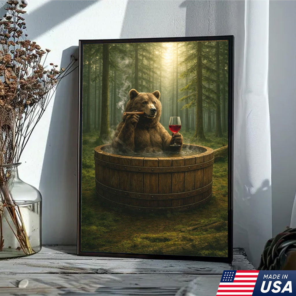 Relaxing Bear Forest Bath Canvas Wall Art, Whimsical Woodland Animal Illustration