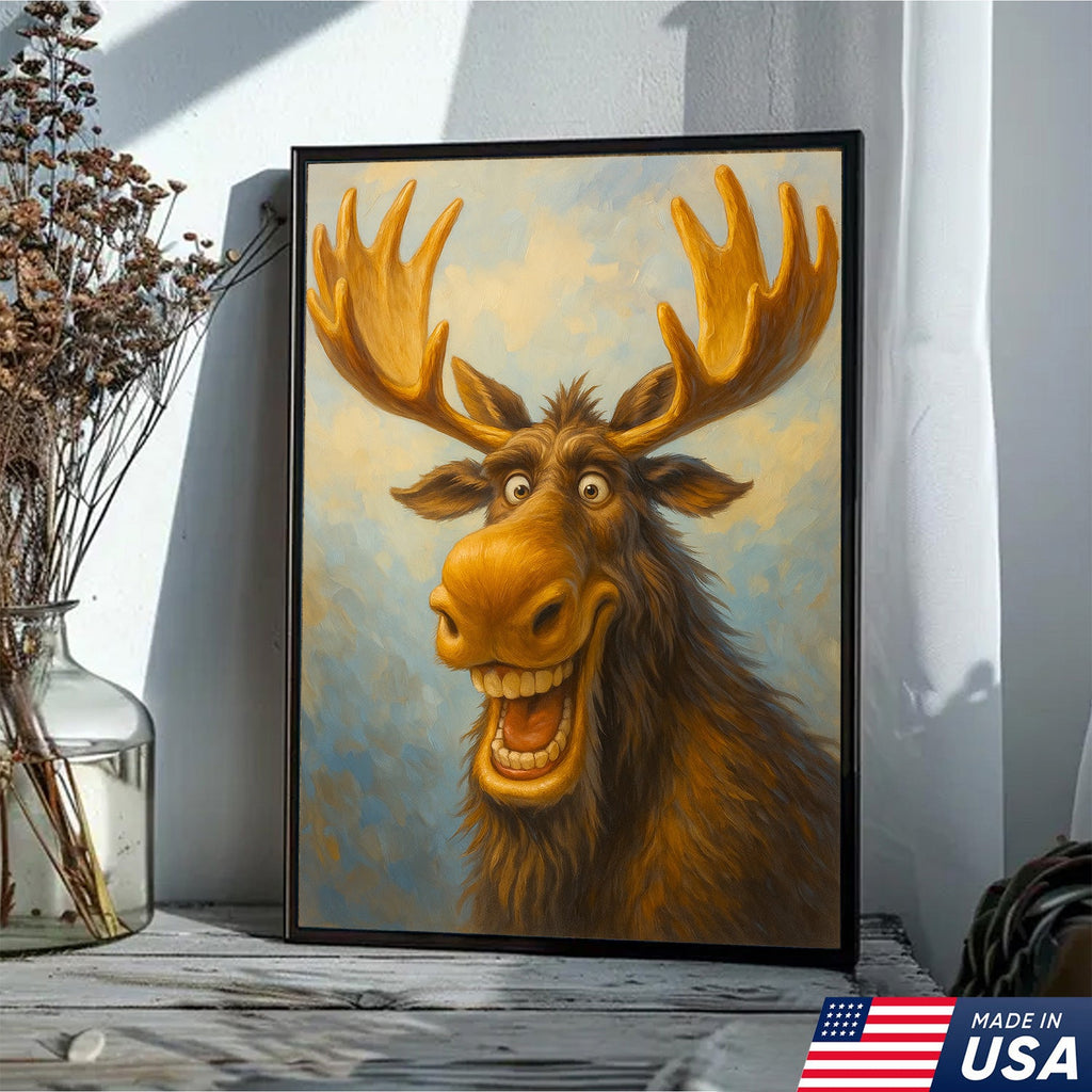 Funny Moose Wall Art – Cartoon Moose Decor, Rustic Cabin Gift, Lodge Bar Humor Canvas Print