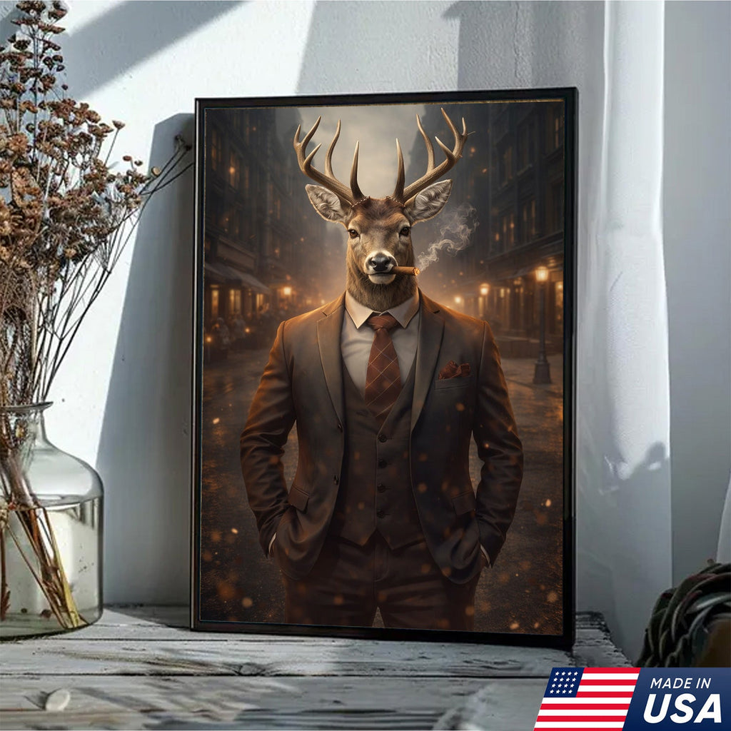 Stylish Deer Gentleman Canvas Wall Art, Anthropomorphic Animal City Night Artwork