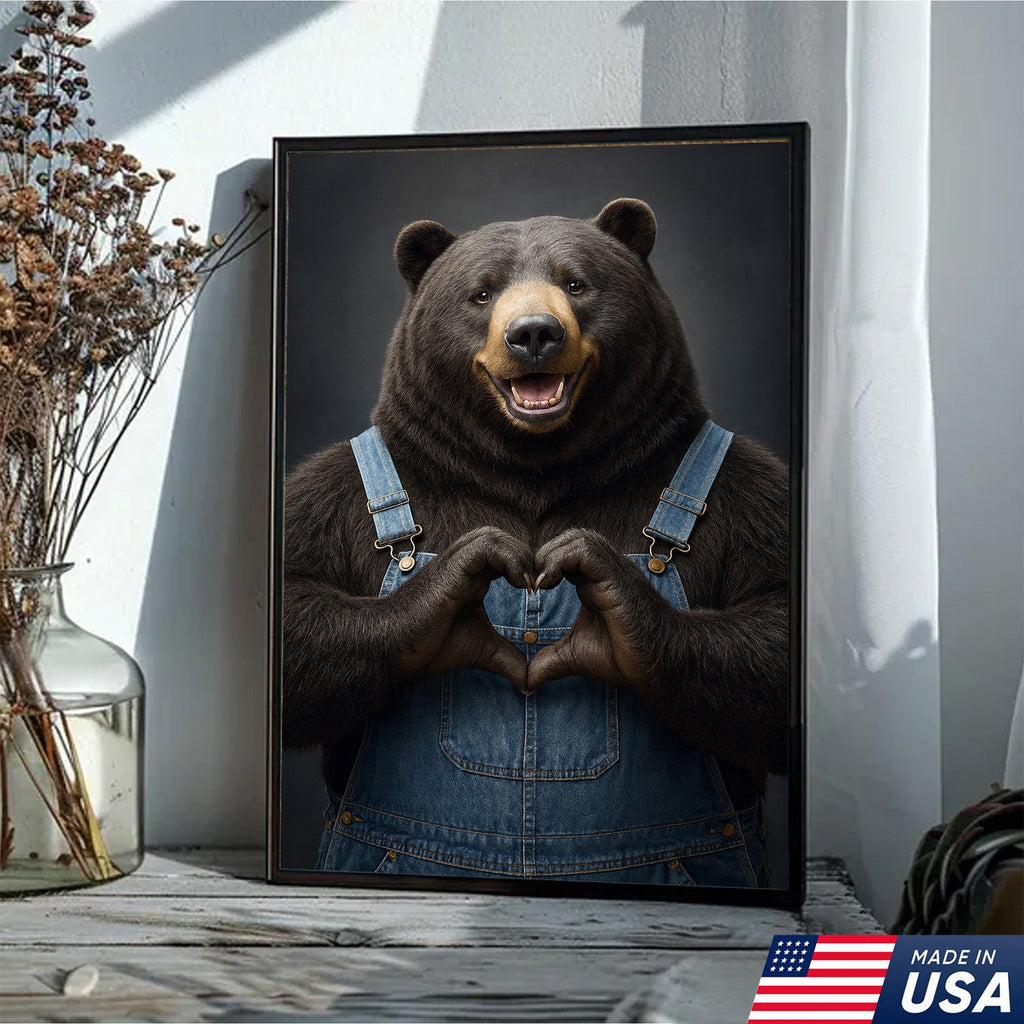 Cute Bear Heart Hands Wall Art Canvas – Whimsical Animal Print for Cabin