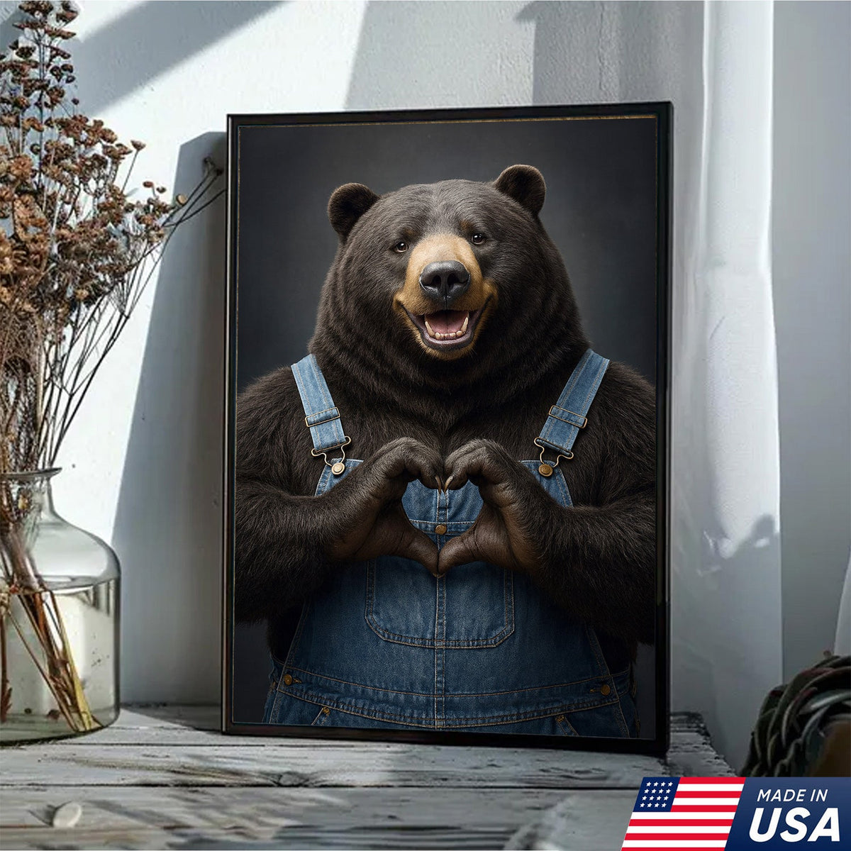 Cute Bear Heart Hands Wall Art Canvas – Whimsical Animal Print for Cabin