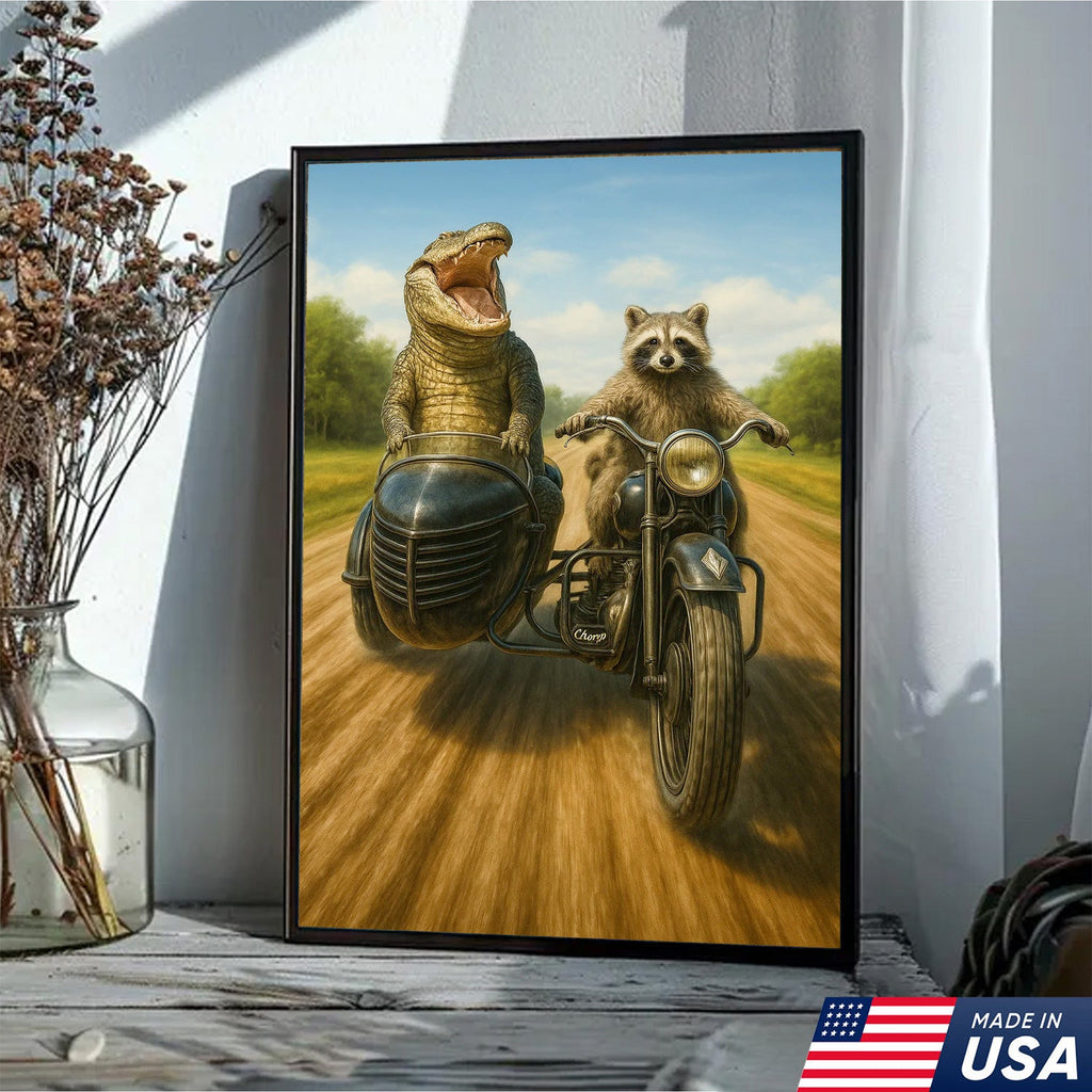Raccoon Riding Motorcycle with Alligator Sidecar Canvas Wall Art, Funny Wildlife Road Trip Decor for Man Cave