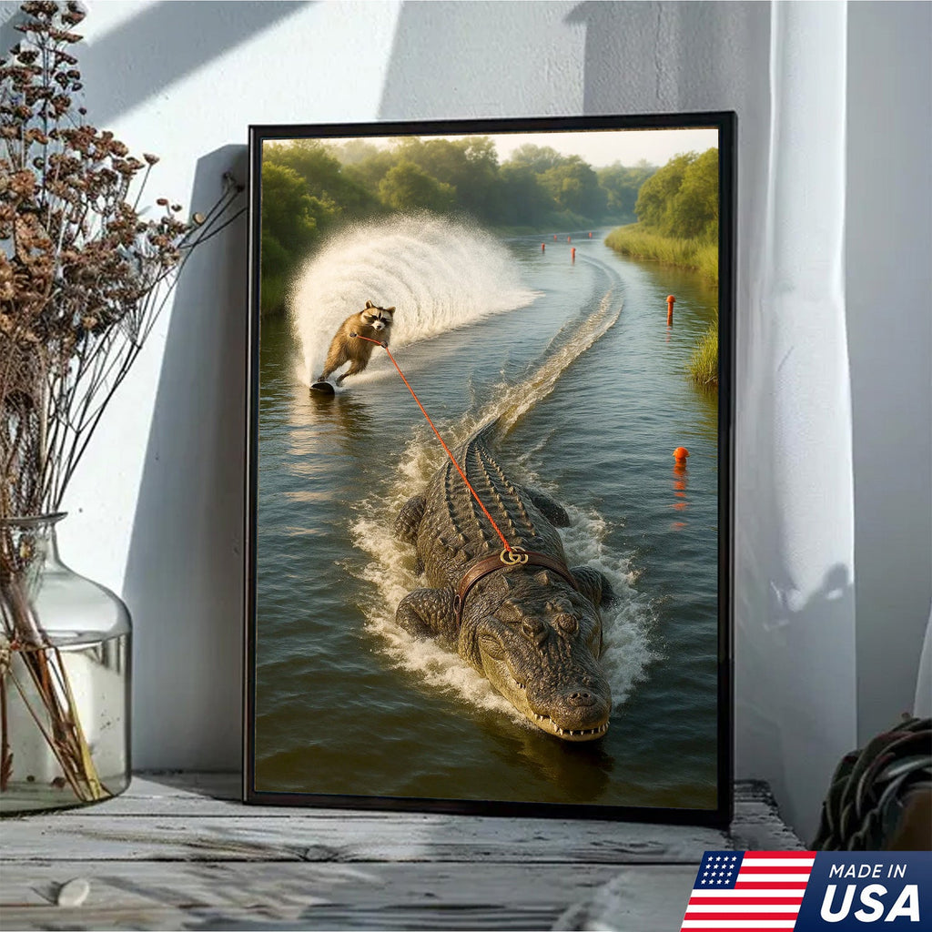 Racoon Water Skiing with Alligator Canvas Wall Art, Funny Animal Adventure Decor