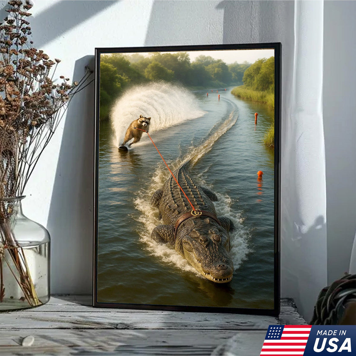 Racoon Water Skiing with Alligator Canvas Wall Art, Funny Animal Adventure Decor