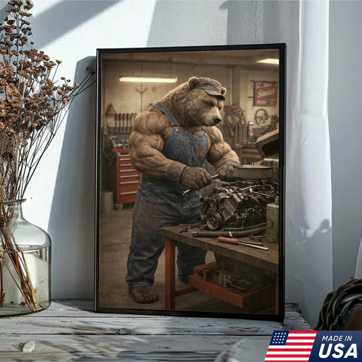 Muscular Bear Mechanic Canvas Wall Art – Realistic Animal Workshop Print