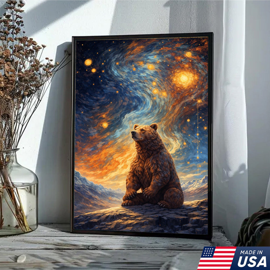 Cosmic Bear Under Starry Sky Canvas – Dreamy Galaxy Wildlife Wall Art