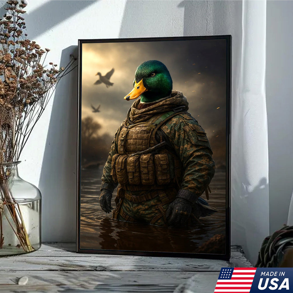 Tactical Duck Canvas Art – Elite Armored Mallard Warrior in Battle Scene