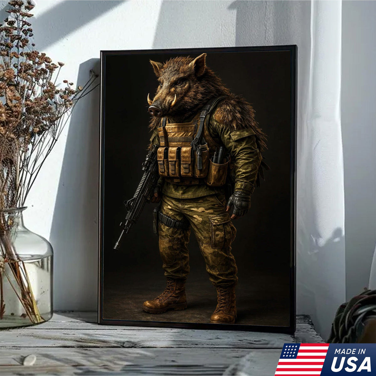 Tactical Boar Canvas Art – Armored Wild Hog Warrior in Combat Gear