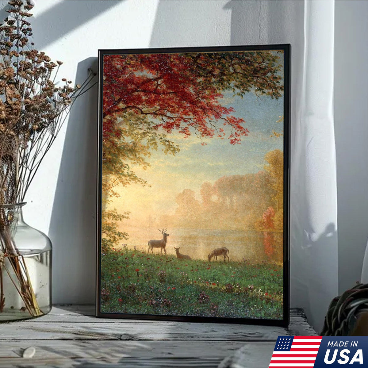 Sunrise Deer Meadow Canvas Wall Art, Autumn Lake Landscape Painting with Stag and Does