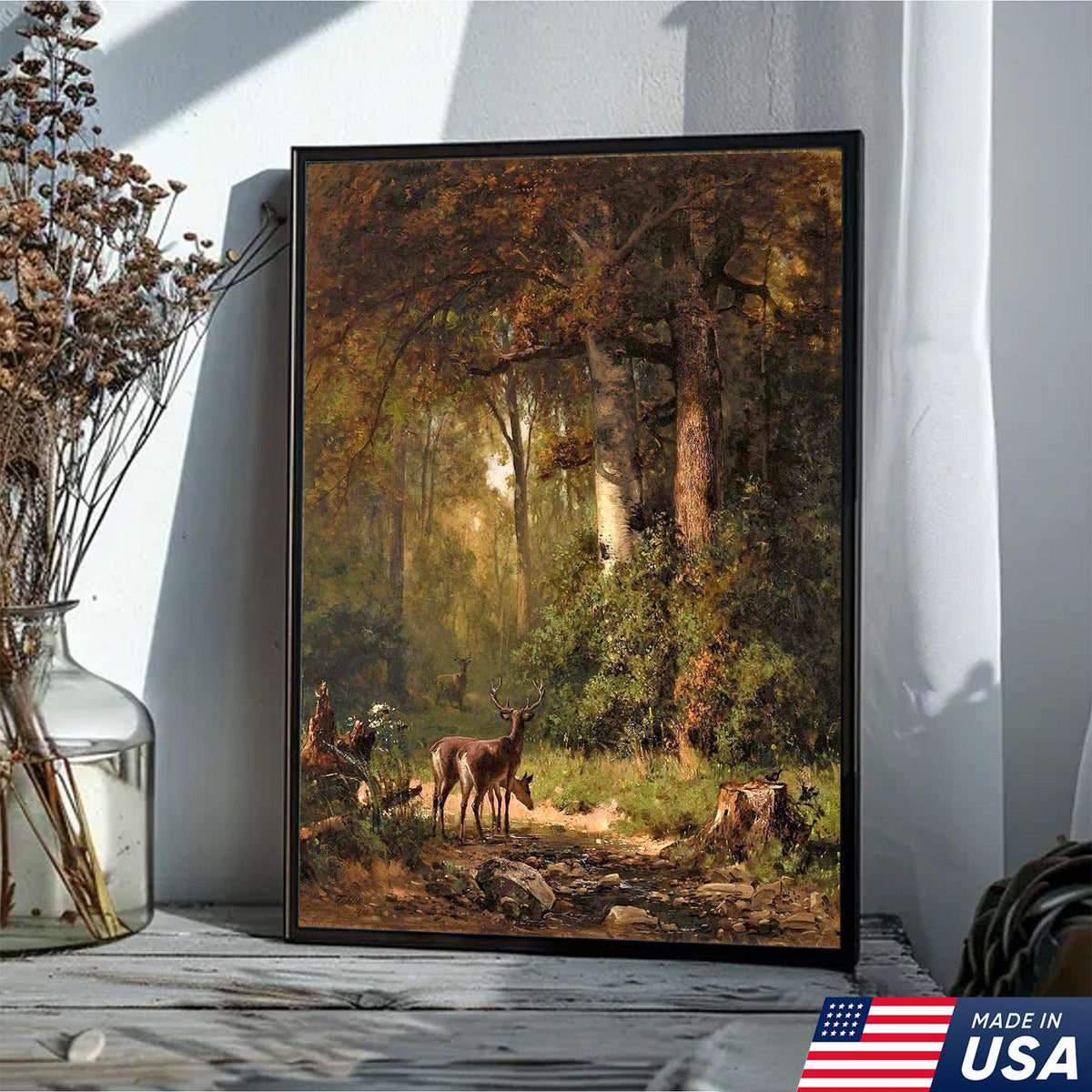 Deer Forest Canvas Wall Art, Vintage Woodland Stag Painting with Sunlit Creek