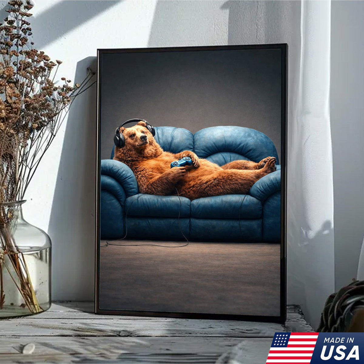Funny Gamer Bear Wall Art Canvas Print, Relaxing Animal Gaming Illustration