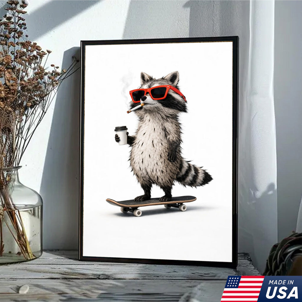 Cool Skateboard Raccoon Wall Art Canvas Print, Funny Urban Animal Illustration
