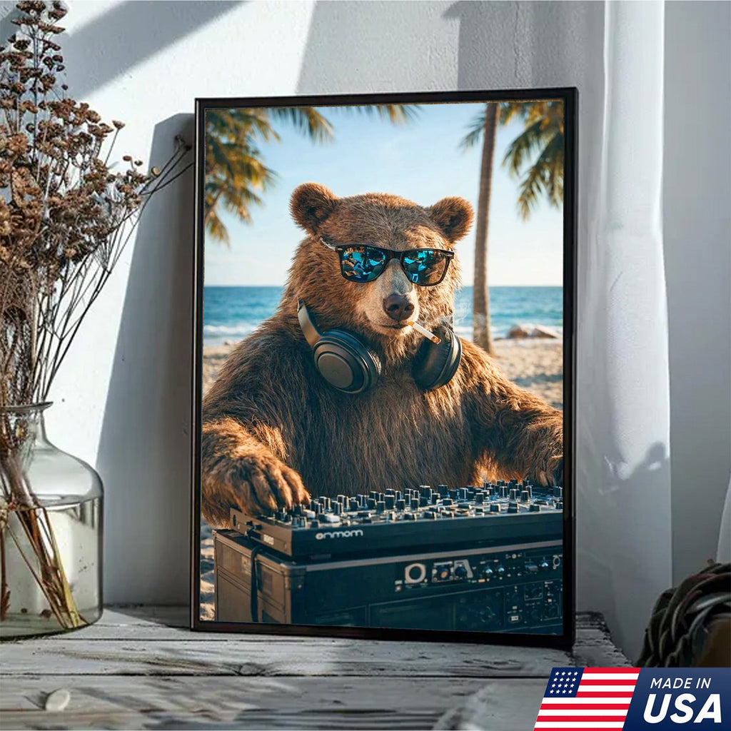 Cool DJ Bear Beach Canvas Wall Art – Trendy Animal Music Print