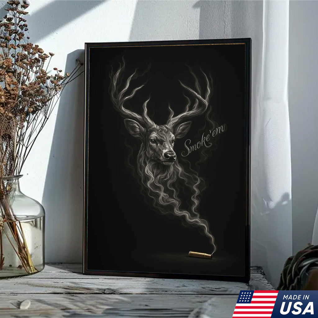 Smoke ’Em Deer Canvas, Rustic Hunter Wall Art, Smoky Buck Skull Design