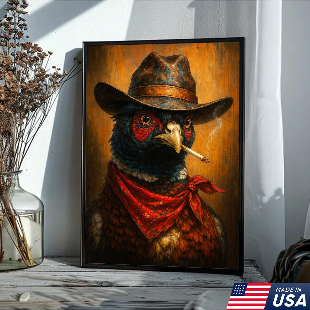 Smoking Pheasant Cowboy Portrait Canvas – Rustic Western Wall Art for Man Cave Decor