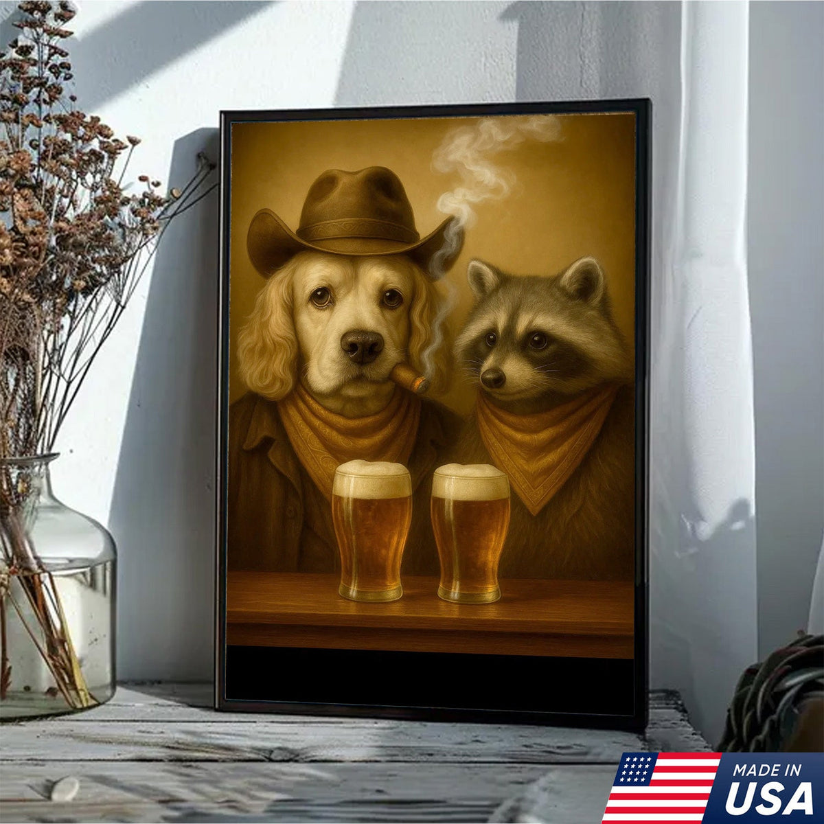 Funny Dog & Raccoon Bar Art – Cowboy Dog Smoking Cigar, Beer Buddies Wall Decor Gift for Men