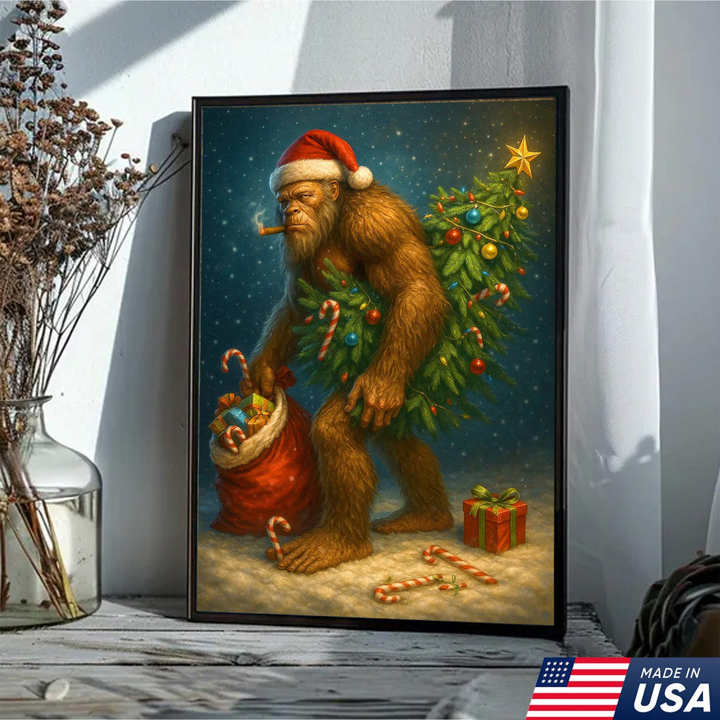 Funny Bigfoot Christmas Canvas Art, Sasquatch Holiday Wall Decor with Candy Canes