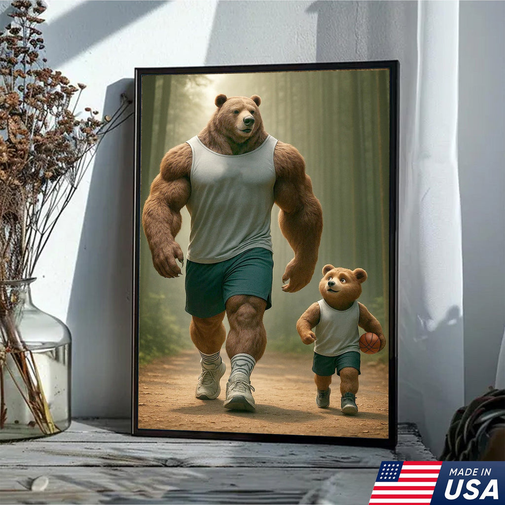 Buff Bear Dad and Cub Canvas Wall Art, Fitness Father and Son Bear Print