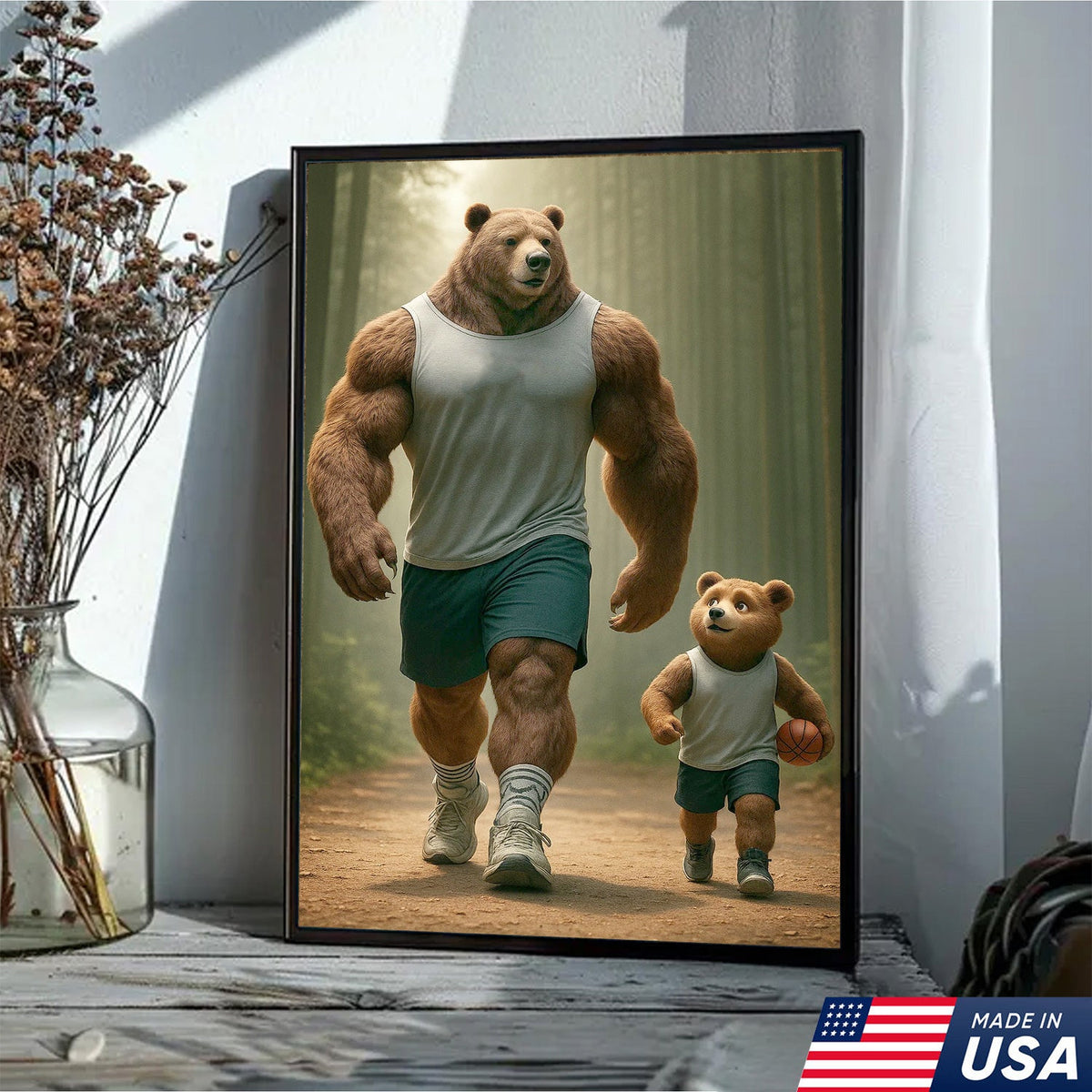 Buff Bear Dad and Cub Canvas Wall Art, Fitness Father and Son Bear Print