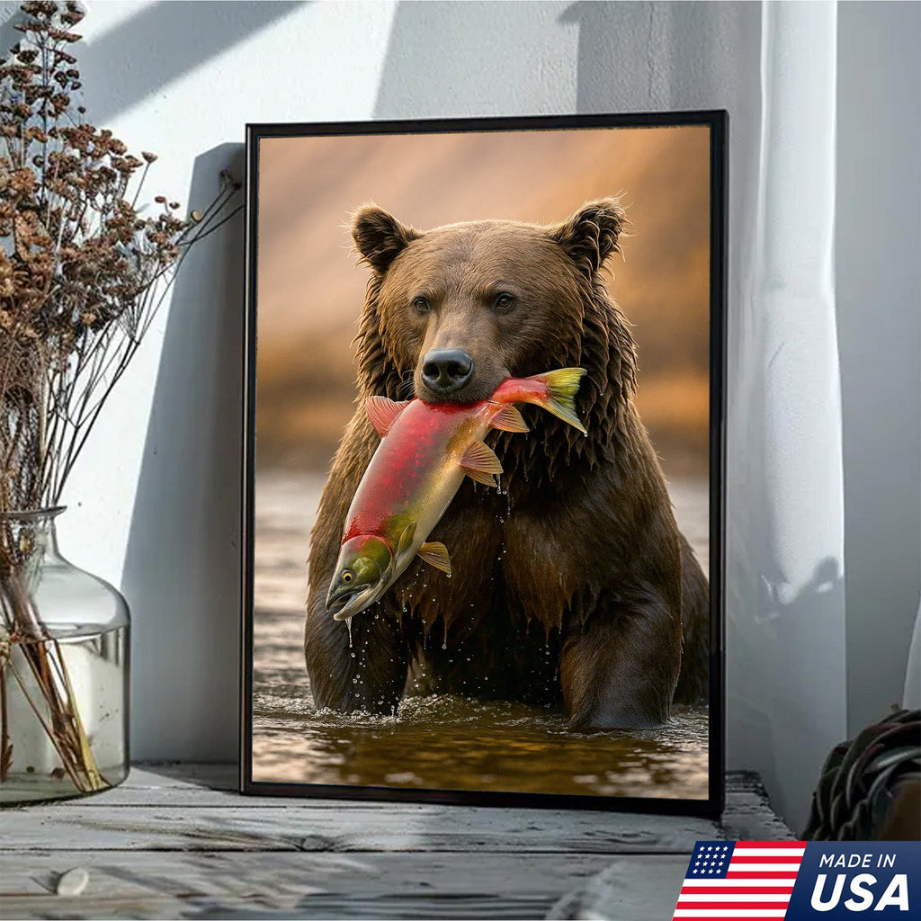 Bear Catching Salmon Canvas Wall Art, Wildlife River Cabin Decor, Nature Lover Gift