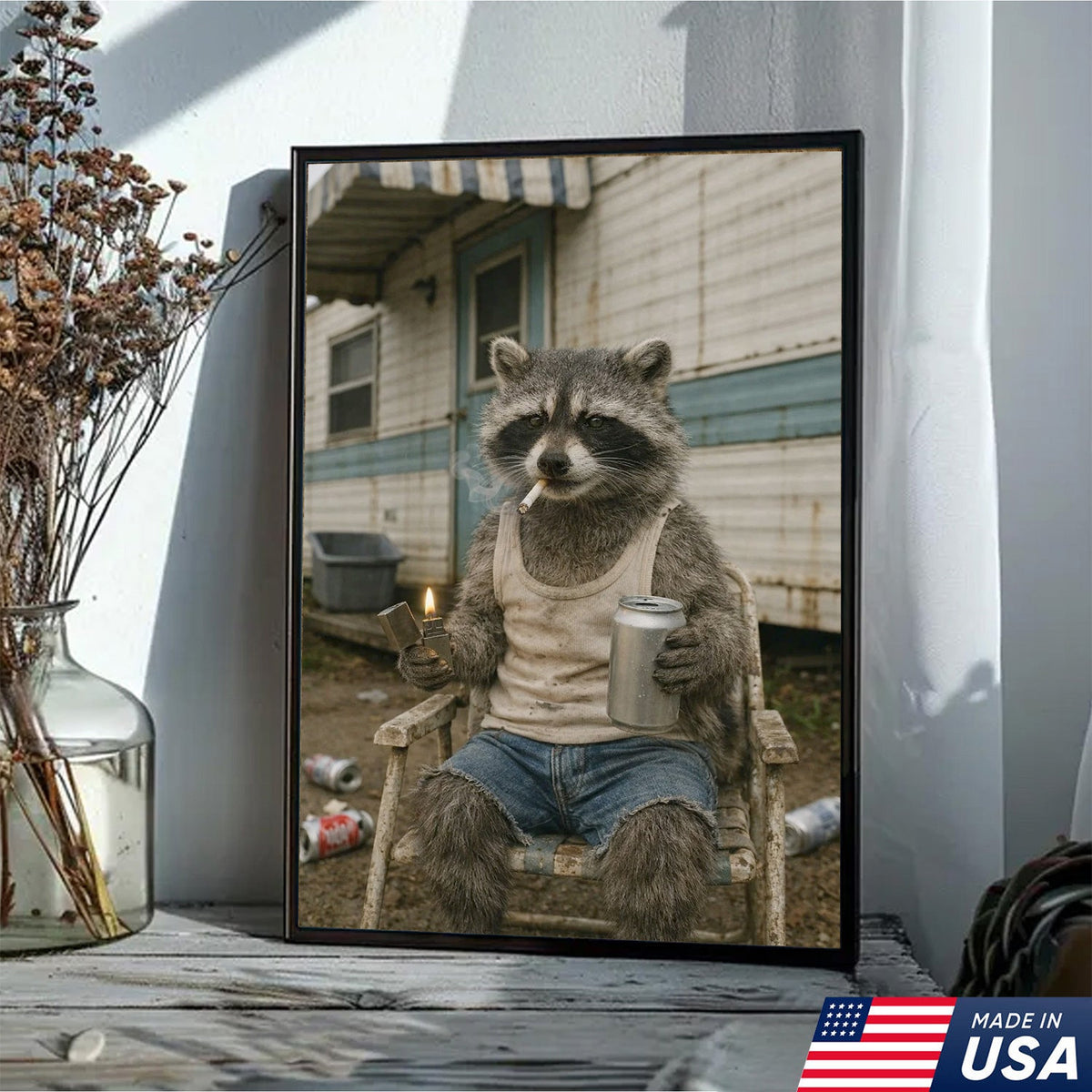 Funny Raccoon Trailer Park Canvas Wall Art, Redneck Raccoon Smoking with Beer