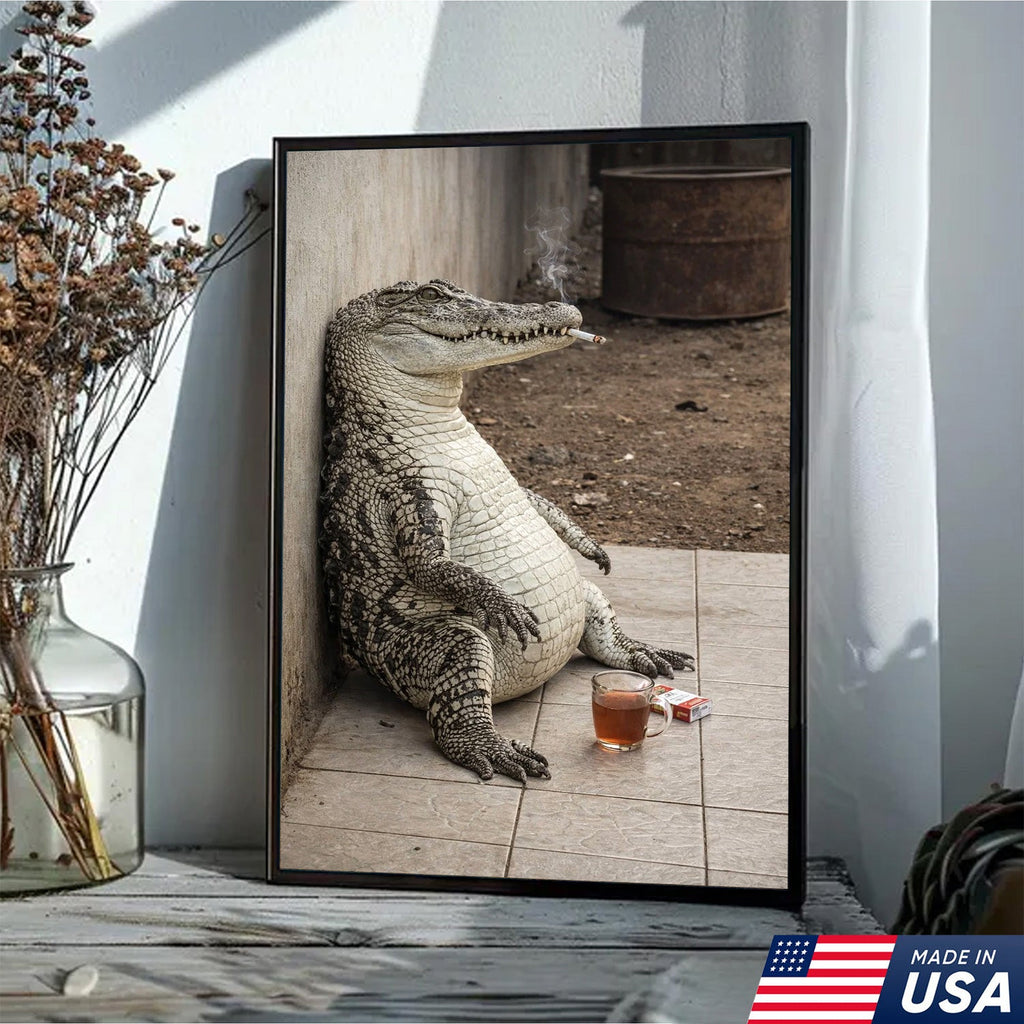 Funny Crocodile Smoking & Drinking Coffee Canvas Wall Art, Dark Humor Animal Illustration