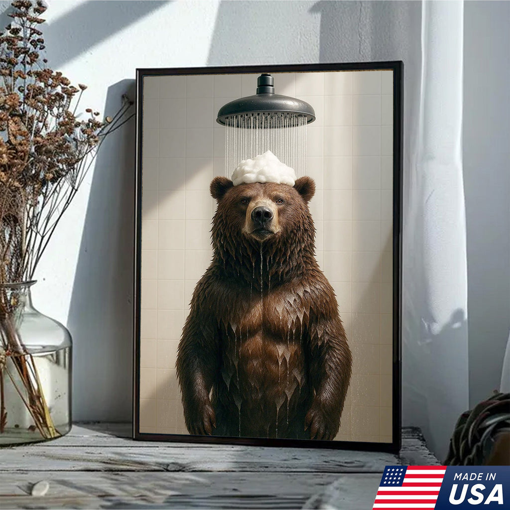 Funny Bear Taking Shower Bathroom Canvas Wall Art, Rustic Cabin Lodge Bathroom Decor