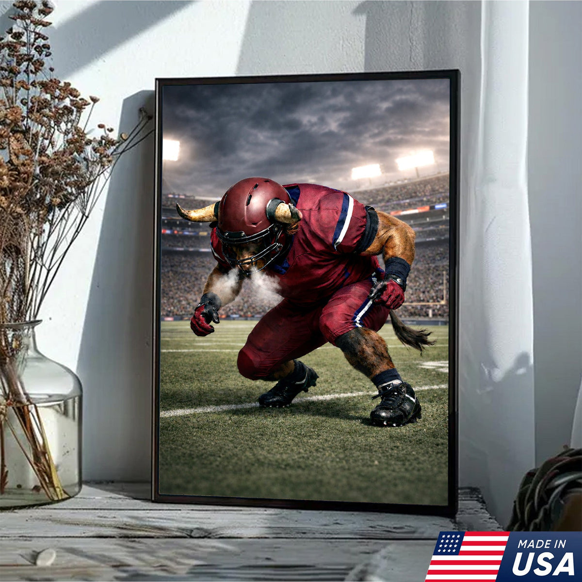 Fierce Bull Football Canvas Wall Art – Charging Horned Athlete Stadium Print