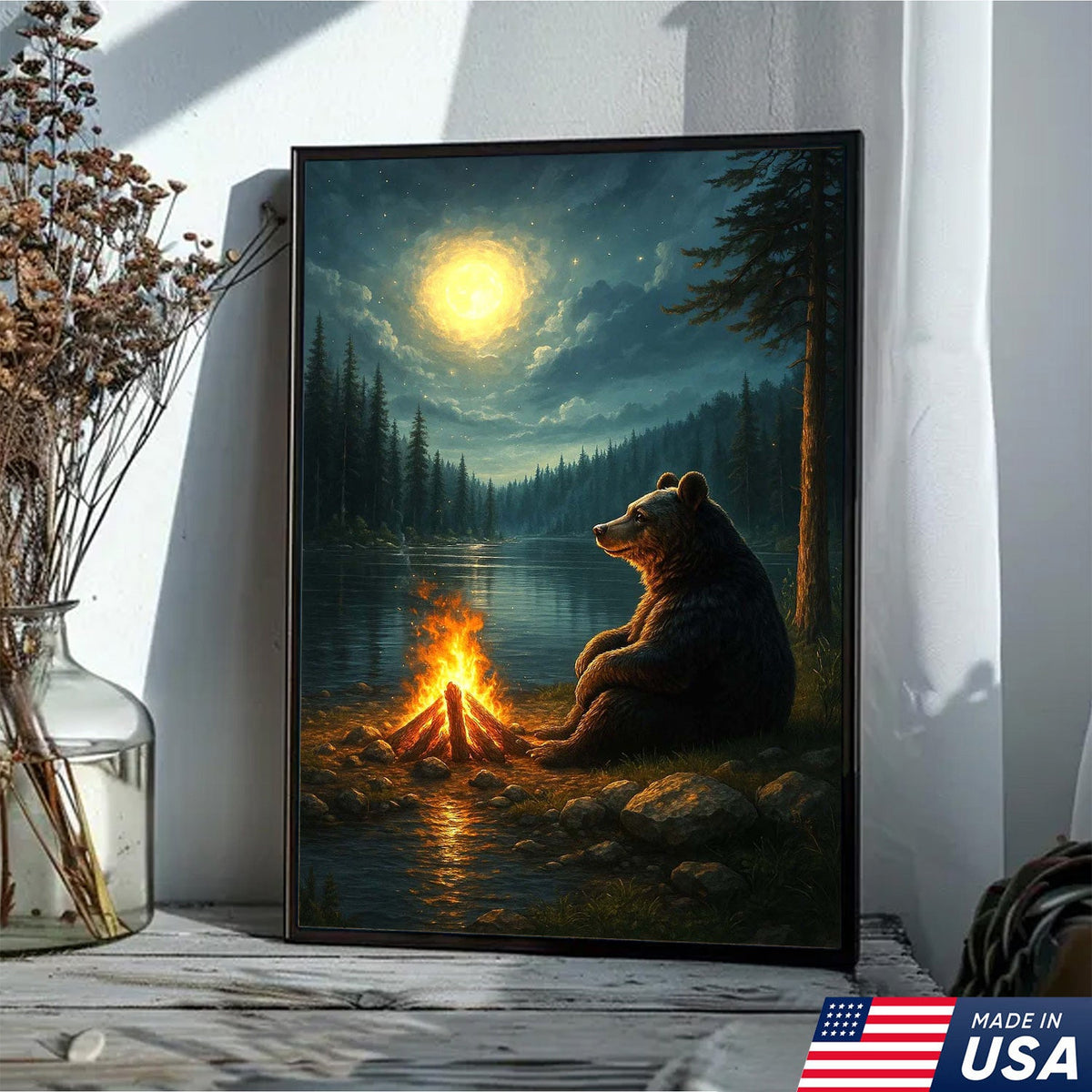 Bear Campfire Night Wall Art Canvas, Cozy Camping Bear by Lake