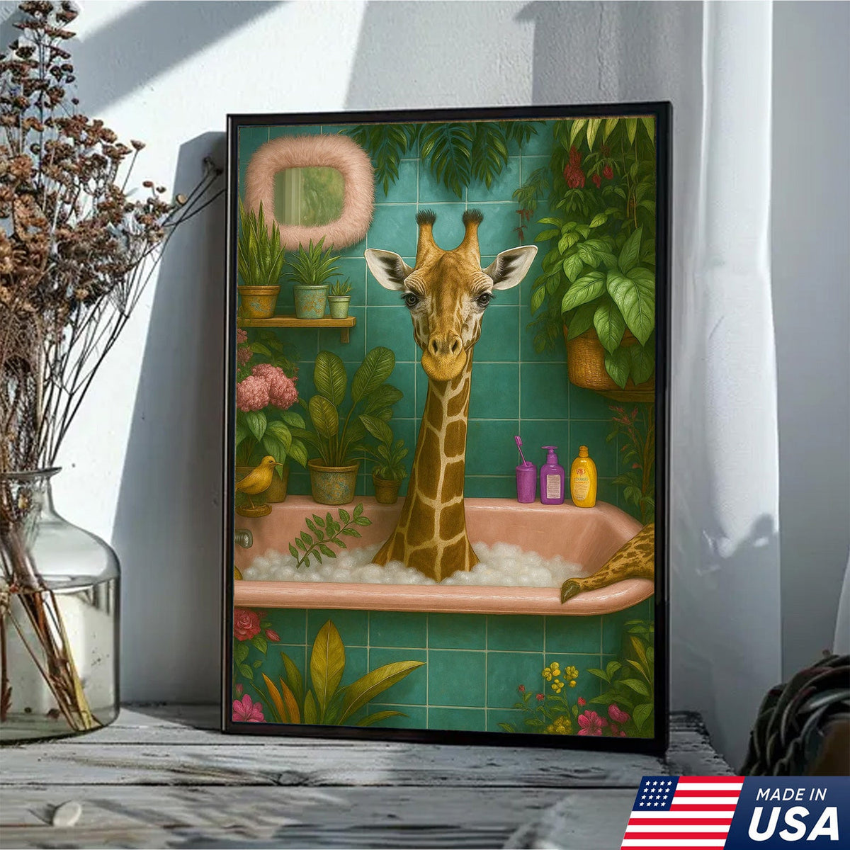 Giraffe Bathroom Wall Art Canvas, Funny Animal Taking Bath Decor