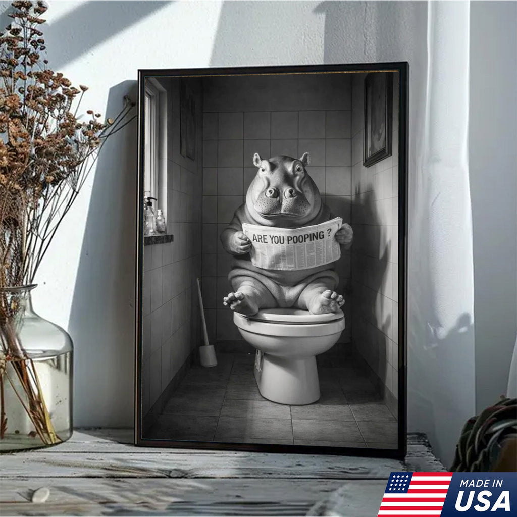 Funny Hippo Bathroom Wall Art, Are You Pooping Hippo Toilet Canvas