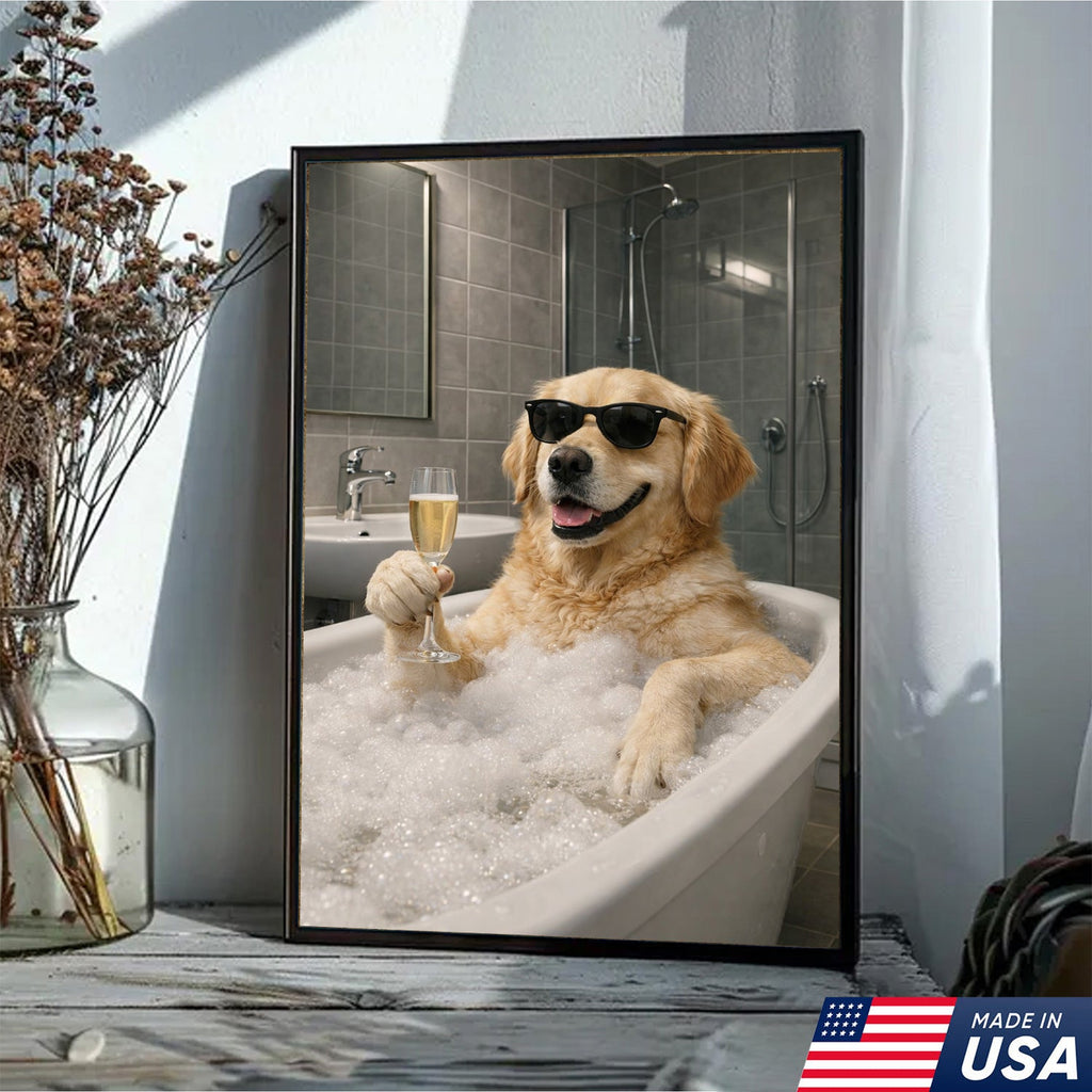Golden Retriever Bath Canvas Wall Art, Funny Dog Bathroom Decor