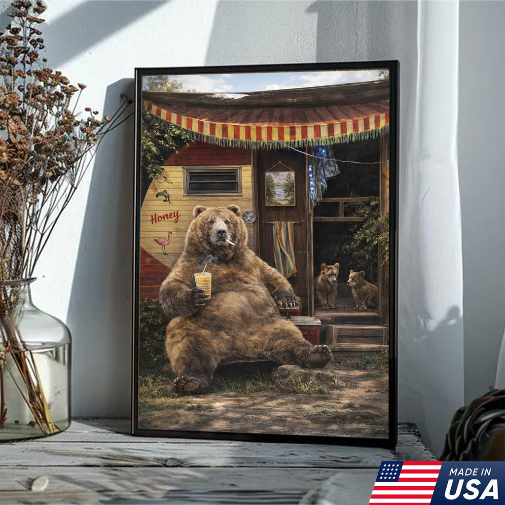Funny Bear Camping Canvas, Rustic Cabin Wall Art, Wildlife Decor