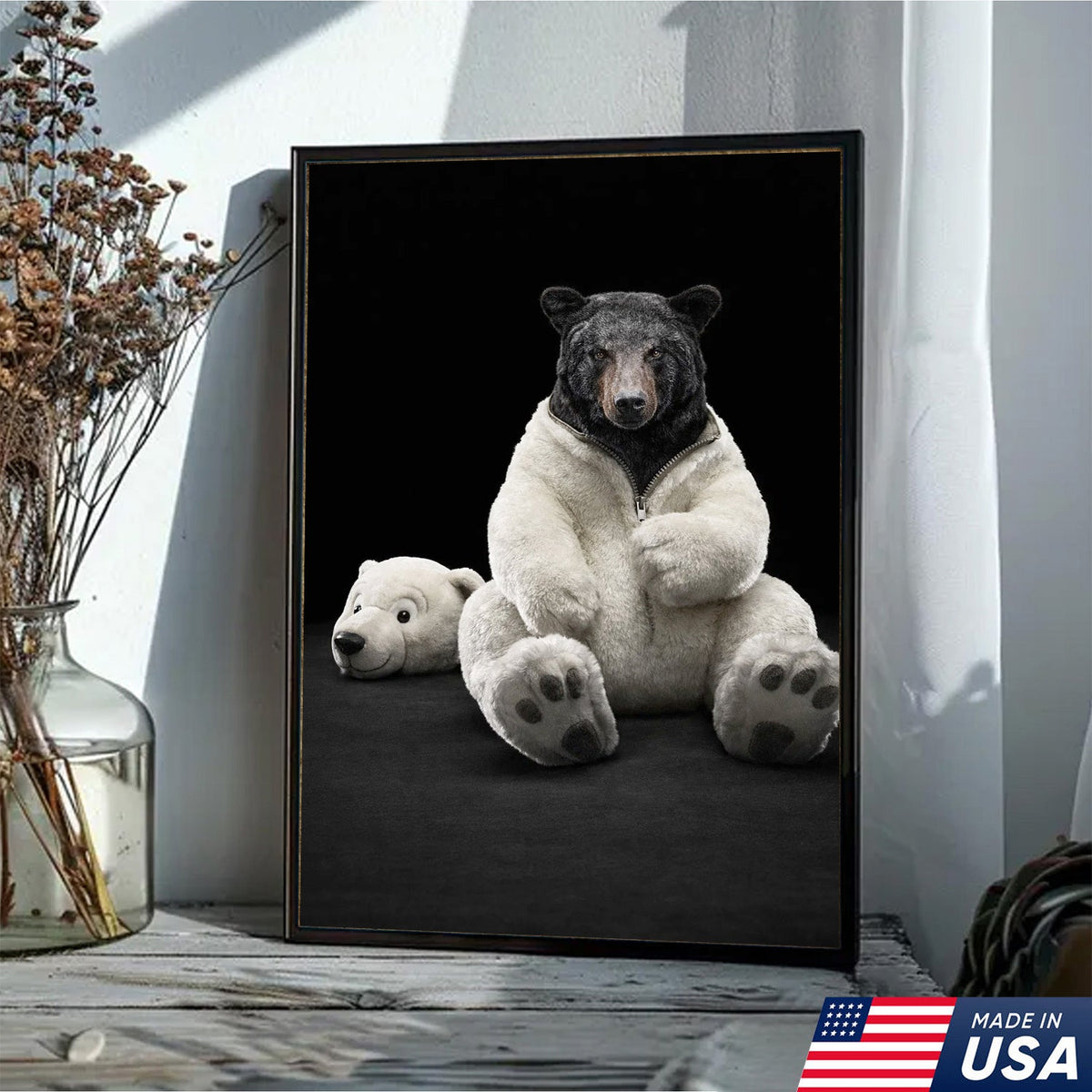 Cute Bear in Plush Suit Canvas Wall Art, Playful Bear Illustration with Soft Toy Head