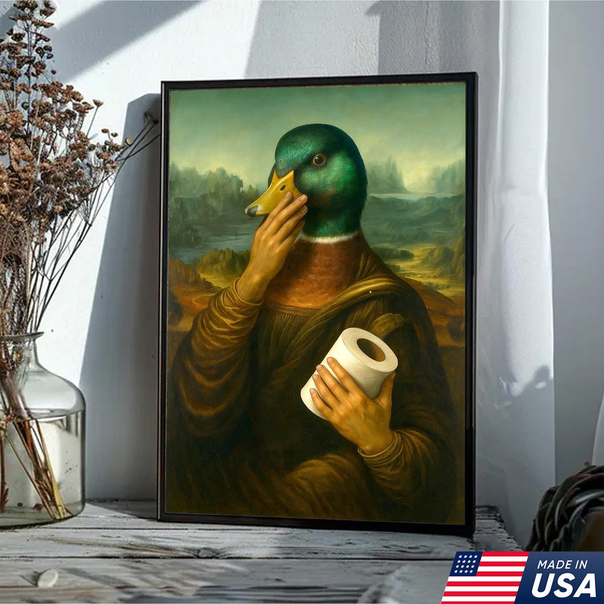 Funny Duck Canvas Wall Art, Parody Bathroom Artwork, Humorous Animal Portrait Decor