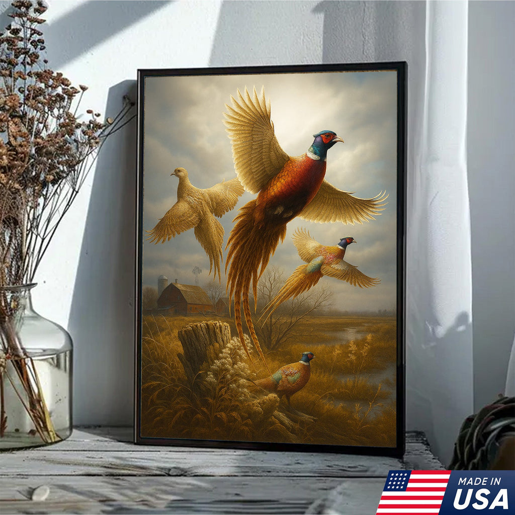 Pheasant in Flight Canvas – Rustic Countryside Wall Art for Lodge & Hunting Decor