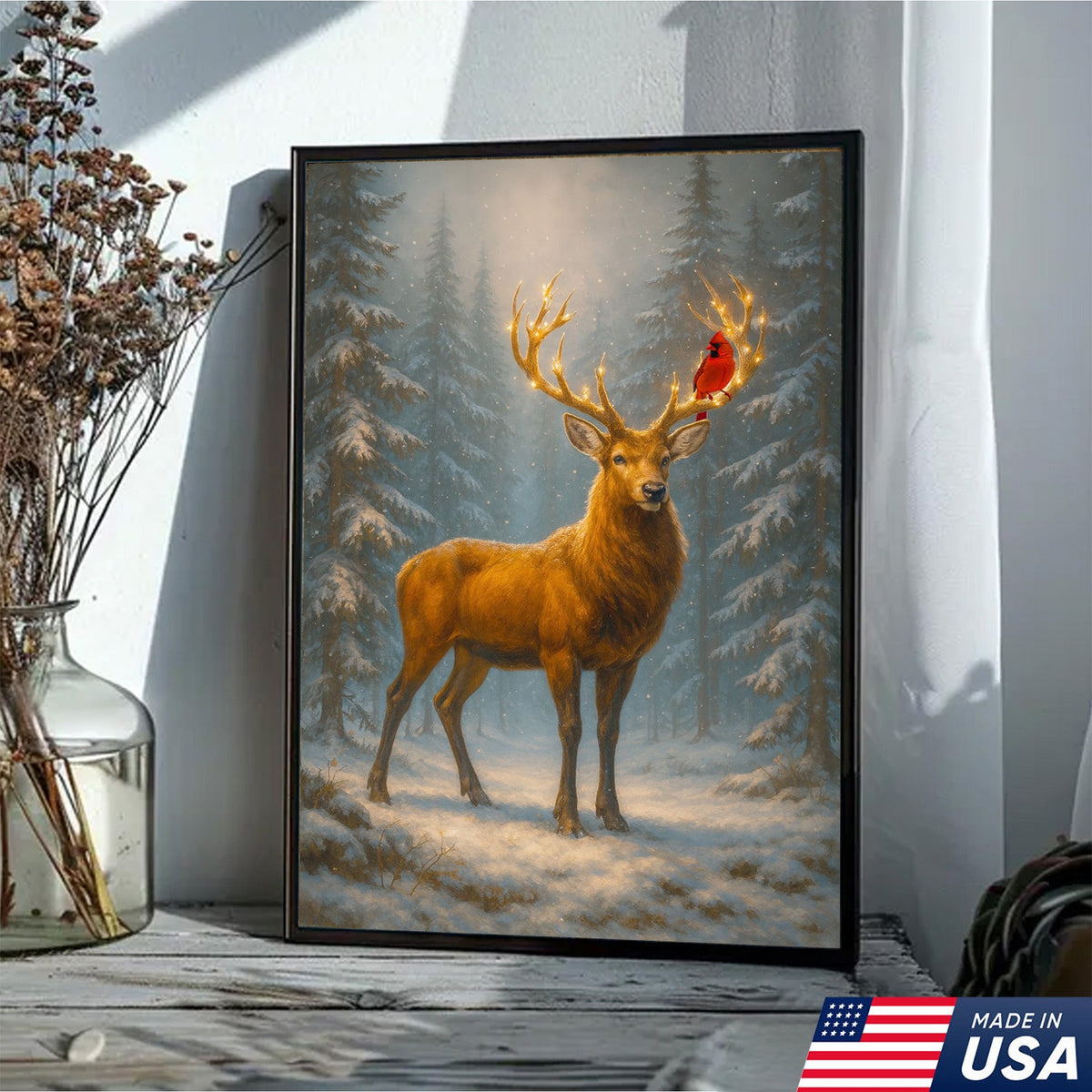 Majestic Deer Christmas Canvas Wall Art – Winter Woodland Decor, Lighted Antlers Canvas