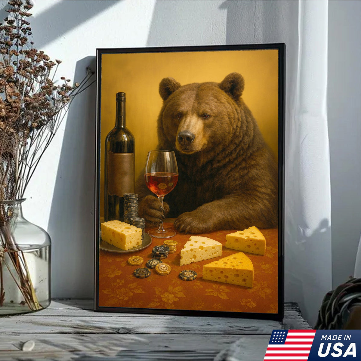 Funny Bear Wine & Cheese Wall Art Canvas - Poker Room Decor, Animal Painting for Home Bar