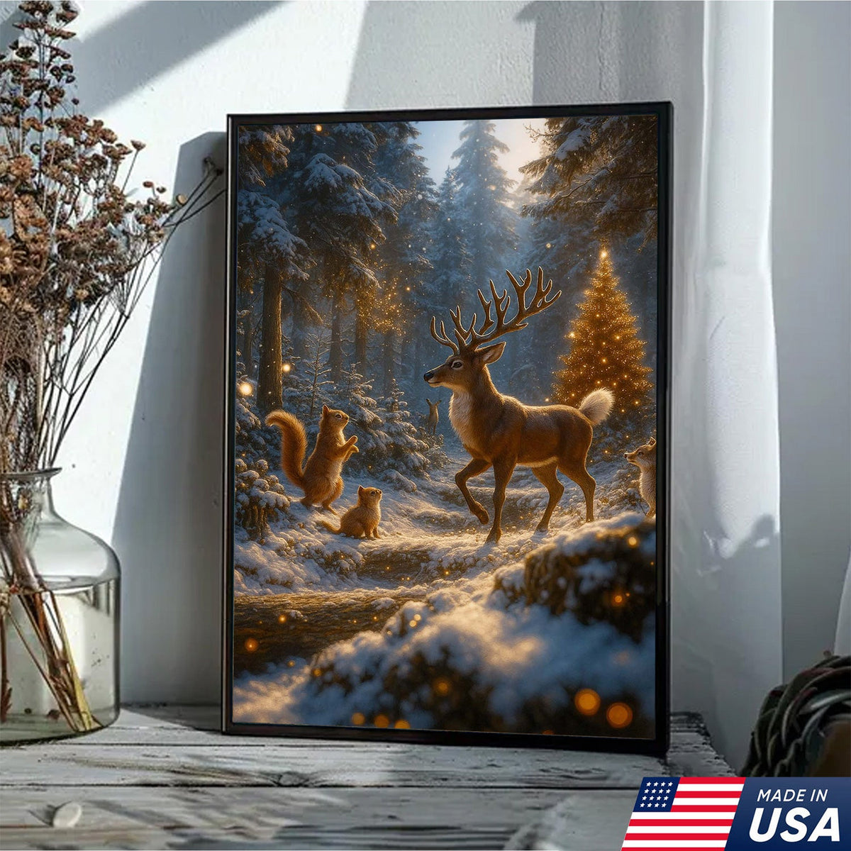 Christmas Deer Forest Wall Art Canvas – Magical Winter Woodland Print