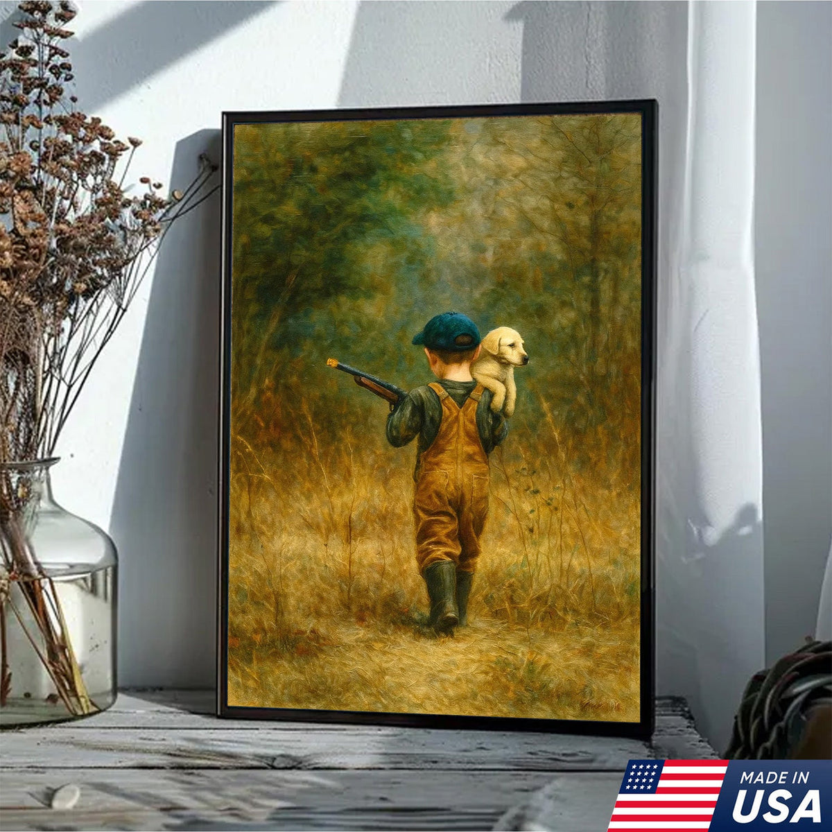 Little Hunter and Puppy Canvas Wall Art, Wholesome Boy with Dog Artwork