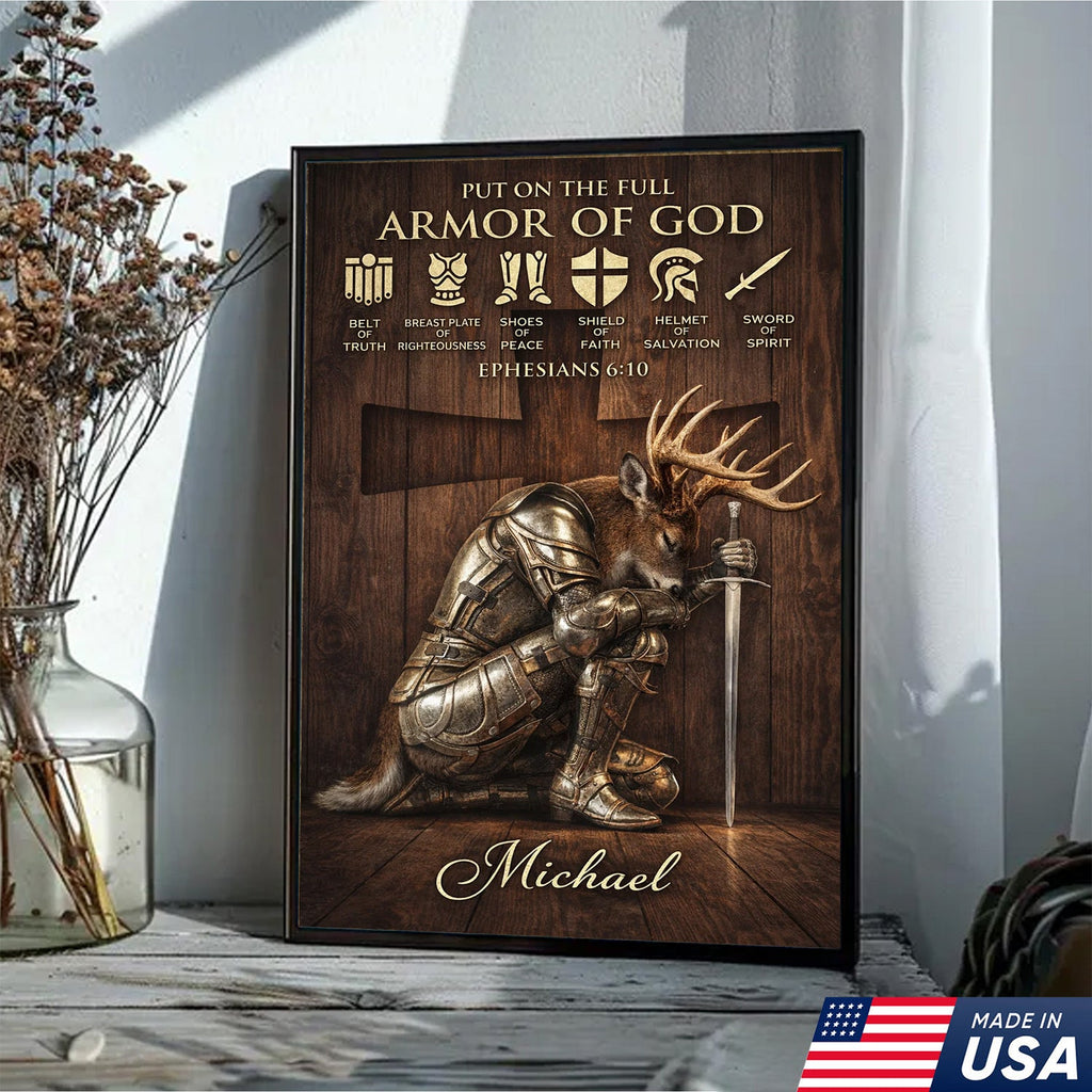 Personalized Armor of God Deer Knight Canvas Wall Art, Christian Ephesians 6:10 Scripture Artwork